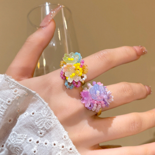 多巴胺繡球花朵戒指女夏天海邊度假風(fēng)甜美食指戒2025新款 串珠指環(huán)