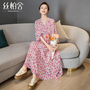 印花收腰顯瘦中長款 絲柏舍V領連衣裙2025春裝 時尚 女裝 A字裙 新款