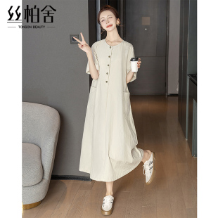 新款 文藝A字短袖 女裝 時尚 中長裙 寬松款 絲柏舍圓領連衣裙2025夏裝