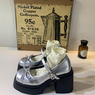 小個子增高百搭英倫風(fēng)瑪麗珍單鞋 2025新款 女夏季 銀色粗高跟小皮鞋