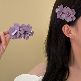 紫欲香氛 超仙紫色鑲鉆花朵發夾度假風發飾女側邊夾碎發夾子發卡