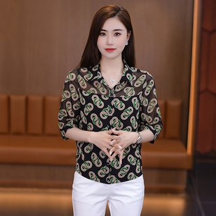 女短袖 寬松遮肚子碎花中袖 2024新款 氣質(zhì)洋氣小衫 上衣 夏季 雪紡襯衫