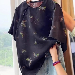 清倉撿漏 國風黑色提花蝴蝶上衣 買手店專柜外貿女韓系穿搭新中式