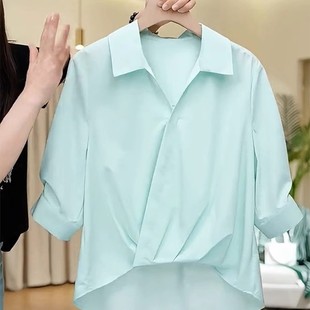 襯衫 清倉撿漏 買手店專柜外貿(mào)女韓系穿搭綠色polo領(lǐng)褶皺交叉短袖