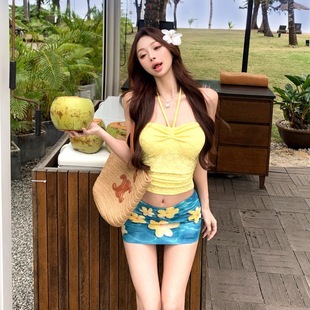 藍色碎花學生泳裝 抽繩抹胸上衣女夏季 法式 泳衣海邊度假風分體套裝