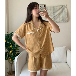 蕾絲花邊少女可外穿夏天家居服套裝 黃色格子睡衣女款 短褲 短袖 夏季