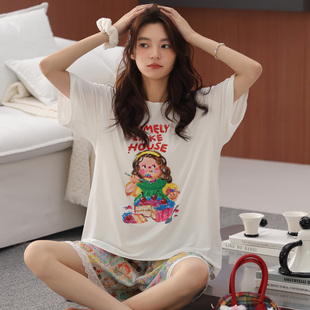 女款 夏款 短褲 可外穿純棉兩件套圓領自帶胸罩一體式 家居服 睡衣短袖