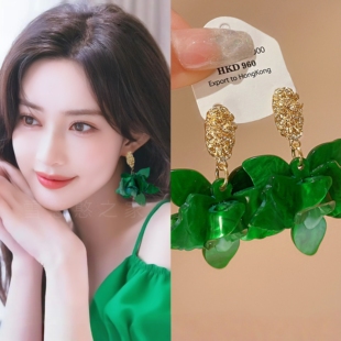 孟子義同款 女 旅游度假綠色花朵耳環耳飾耳釘耳夾耳墜2025春夏新款