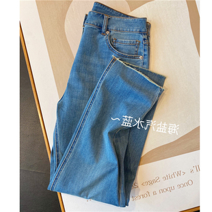 品牌折扣店商場專柜撤回女裝 女夏 外貿清倉彈力高腰毛邊九分牛仔褲