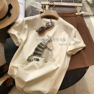 T恤 精梳棉水墨畫萌貓釘珠短袖 品牌專柜撤柜女裝 外貿(mào)原單桑蠶絲