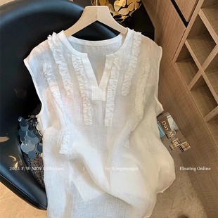 奧特萊斯清倉專柜品牌白色V領木耳邊亞麻無袖 上衣女夏老錢風背心
