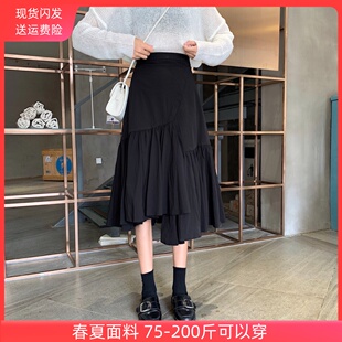 大碼 半身裙春夏高腰顯瘦遮肉a字裙減齡胖mm不規則拼接學生中長裙