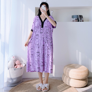 夏季 V領蕾絲睡裙短袖 孕婦胖MM200斤家居服 莫代爾大碼 胸墊加長薄款