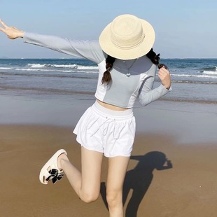 保守泳裝 泳衣女保守分體學(xué)生度假游泳裙式 運動款 平角褲 兩件套長袖