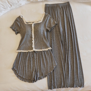 性感純欲風帶胸墊家居服 花邊三兩件套薄款 莫代爾睡衣女春夏季 短袖