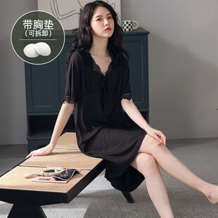 高級感睡衣短袖 睡裙女夏季 夏款 大碼 家居服 莫代爾連衣裙帶胸墊薄款