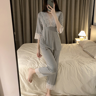 家居服套裝 帶胸墊睡衣女春秋季 莫代爾蕾絲花邊性感網紅冬2025新款