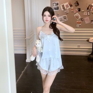 帶胸墊吊帶短褲 性感蝴蝶純欲風薄款 家居服 冰絲睡衣女2025夏季 新款