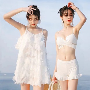 2025夏季 分體比基尼三件套羽毛溫泉顯瘦遮肚仙女范泳衣度假 新款