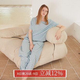 純棉格子睡衣套裝 家居服女春夏簡約薄款 長褲 朵朵可可套頭圓領短袖
