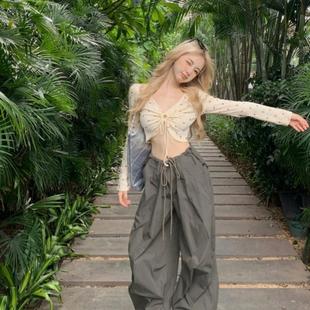 女秋裝 低腰闊腿拖地褲 寬松百搭直筒工裝 美式 褲 辣妹復古抽繩休閑褲