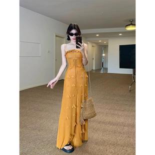 立體花復古魚骨吊帶連衣裙女夏季 度假風氛圍感收腰顯瘦禮服長裙子