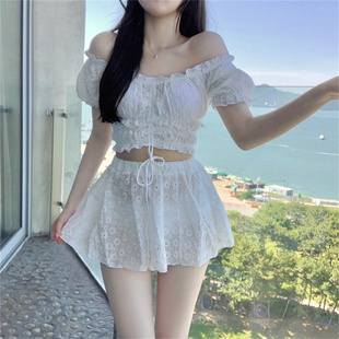 抽繩褶皺純欲性感一字肩溫泉泳衣女 白色泳裝 批發分體緊口半袖 裙式