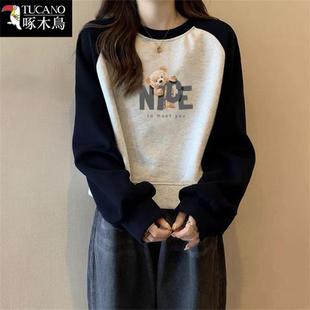 上衣T恤 寬松百搭拼色長袖 啄木鳥正品 休閑圓領衛衣女2024秋冬新款