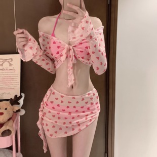 泳衣女2024新款 溫泉度假純欲風 顯白少女分體比基尼四件套綁帶裙式