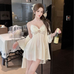 性感美背吊帶睡裙女蕾絲花邊純欲風(fēng)絲綢睡衣帶胸墊
