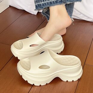 踩屎感舒適拖鞋 女夏季 一腳蹬百搭厚底一字拖 簡約松糕涼拖鞋 個性