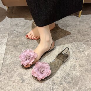 顯腿長淺口涼拖鞋 輕便外穿魚嘴拖鞋 少女夏季 甜美花朵透明平底涼鞋