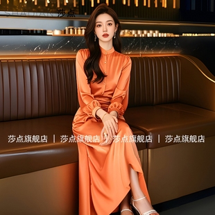 女裝 法式 收腰顯瘦大擺裙時尚 桔色超好看長裙長袖 連衣裙春秋新款