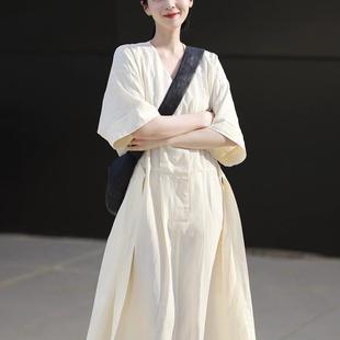 高級感寬松V領長款 新款 大擺長裙 赫本風絕美氣質連衣裙女夏季 法式