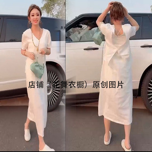 顯瘦長裙潮 氣質V領短袖 設計感后背蝴蝶結連衣裙女2025年夏季 新款