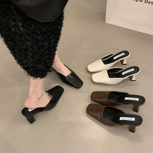 粗跟不累腳淺口單鞋 子2025年春夏新款 外穿女鞋 氣質高跟包頭半拖鞋