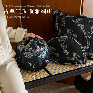 新中式 圓形抱枕客廳沙發(fā)床頭靠墊扇形椅子腰枕復古黑色松鶴靠背