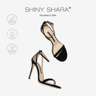 黑色羊反絨細(xì)跟一字帶高跟涼鞋 Shiny 新款 詩(shī)莎夏季 女 Shara