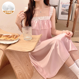 睡裙2025新款 帶胸墊吊帶睡衣女性感花邊無袖 可外穿家居服 薄款 夏季