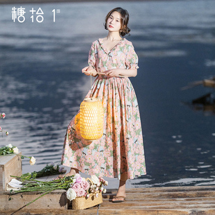短袖 印花大擺連衣裙文藝?yán)寺径呏虚L裙女春季 花裙 桃花流水