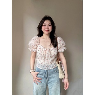 法式 女夏季 別致氣質v領短袖 襯衣短款 碎花泡泡袖 上衣方領小衫 襯衫