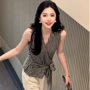 設計感小眾收腰顯瘦氣質小衫 2025新款 背心上衣女夏季 韓系格子無袖