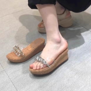 透明一字拖涼鞋 女水鉆外穿2025新款 銀色 配裙子涼拖鞋 厚底坡跟夏季