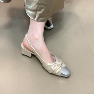 達(dá)人磁場法式 女夏配裙子中跟 氣質(zhì)高跟涼拖方頭拼色粗跟包頭涼鞋