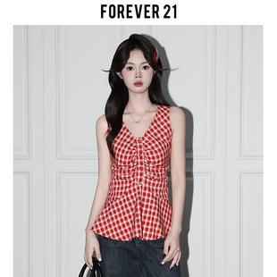 Forever21甜辣獨(dú)特紅格V領(lǐng)收腰背心小衫 吊帶上衣 女夏日度假風(fēng)無袖