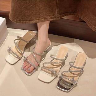 外穿帶鉆水晶跟女鞋 2025新款 仙女水鉆蝴蝶結(jié)仙女絕美高顏值涼拖鞋