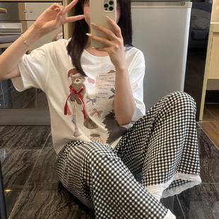 甜美卡通少女風花邊可外穿家居服套裝 新款 長褲 純棉短袖 睡衣女夏季