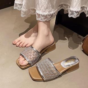 女夏外穿配裙子絕美一字拖鏤空透氣涼拖 粗跟網面拖鞋 2025新款 法式
