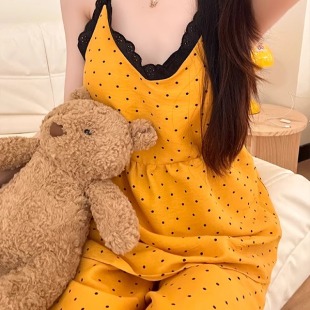 家居服套裝 純欲背心長褲 新款 甜美少女蕾絲花邊波點吊帶睡衣女夏季