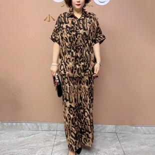 中年媽媽寬松百搭減齡休閑大碼 時尚 新款 女2j025夏季 兩件 豹紋套裝